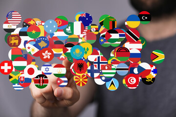 Global communication and international messaging concept, national flags of world