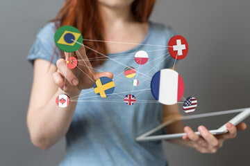 Global communication and international messaging concept, national flags of world