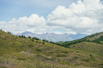 Scenic layered mountain landscape with green hills with coniferous trees on background of great mountain range under cloudy sky. Big shadows of clouds and sunlight on mountains in changeable weather.