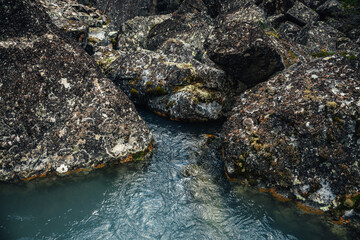 Scenic nature background of turquoise clear water stream among rocks with mosses and lichens. Atmospheric mountain landscape with mossy stones in transparent mountain creek. Beautiful mountain stream.