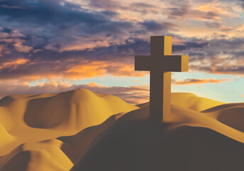 Cross as a symbol of Christianity. Concept - teachings of Jesus Christ. Faith in Jesus Christ. Symbol of Catholic faith. Cross on background of sunset. Christianity cross symbol in sandy hills.
