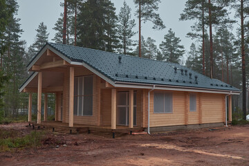 construction of a country cottage made of logs and timber in a green area. cozy eco-friendly house...