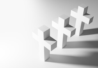 Three Christian crosses stand side by side. Crosses as a symbol of Christianity. They stand on a white background. Catholicism symbols. Three-dimensional symbols of Catholicism. Christian crosses 3d