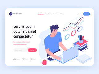 Vector landing page of man working at laptop at home office