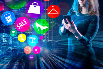 Girl doing online shopping. Businesswoman with smartphone. She purchases goods online. Many icons symbolizing internet trade. Businesswoman on background evening city. Online shopping via smartphone.