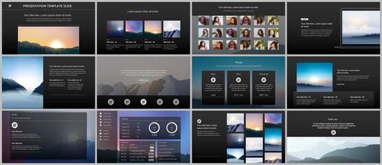Vector templates for website design, presentations, portfolio, presentation slides, brochure cover, report. Fog, sunrise in morning and sunset in evening. Nature landscape backgrounds with mountains.