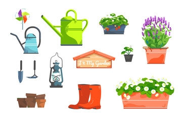 Garden set of blooming lavender, strawberry in pots, watering can, red rubber boots, lamp, wooden house sing and tools for home gardening at the backyard or balcony. Vector illustration - 427093104