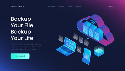 Template technological concept for uploading file landing page gradient 3d isometric vector illustration