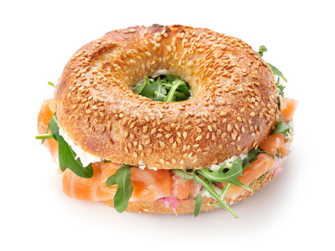 single whole bagel sandwich with salmon isolated on white background