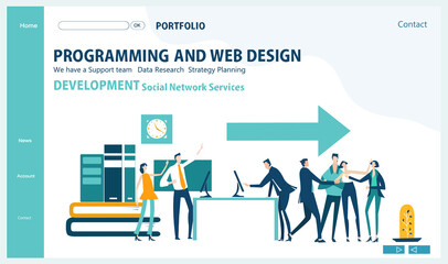 Flat design people working in office, website or app page template. Financial services, banking, strategic planning, development, business solutions, consulting, market research, teamwork