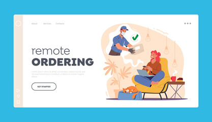 Remote Ordering Landing Page Template. Woman Sitting at Home with Laptop Order Parcel or Food Delivery using Internet