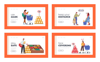 People Visiting Supermarket for Buy Grocery during Covid Pandemic Landing Page Template Set. Men or Women Wear Masks