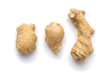 Close up of fresh ginger roots isolated on white background