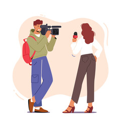 Videographer Cameraman Character with Camera Recording Female Journalist or Tv Reporter Holding Microphone, Mass Media