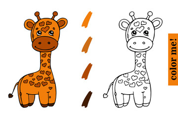 Cute Giraffe Vector Illustration for Coloring Book for children. Color and Outline Image of Giraffe on isolated background. Cartoon Style Illustration