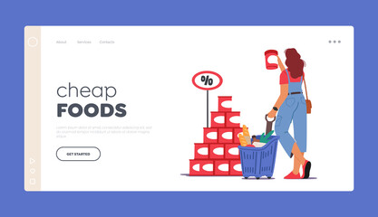 Female Character Visiting Store for Products Purchase Landing Page Template. Woman Customer with Shopping Cart