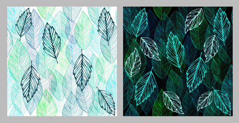 Graphic leaves seamless green pattern. Dark and light background. vector illustration