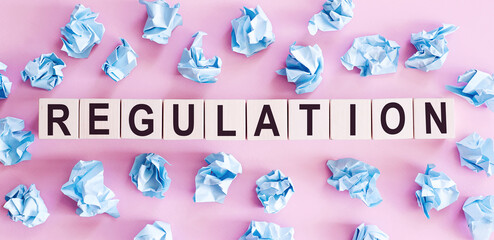 Regulation - a word from wooden cubes on a pink background with blue mint papers