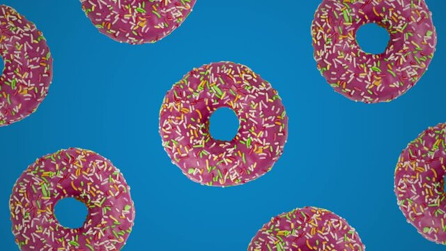 Pink donuts geometric pattern on a blue background. Simple motion graphic food concept seamless loop animation