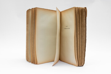 Antique open book isolated with flipping pages on white background