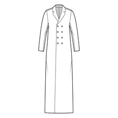 Classic coat technical fashion illustration with maxi floor ankle length, long sleeves, notched shawl collar, double breasted. Flat jacket template front, white color style. Women, men, top CAD mockup