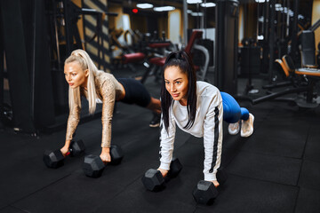Fototapeta na wymiar Healthy lifestyle. Portrait of two young athletic girls doing plank in the gym.