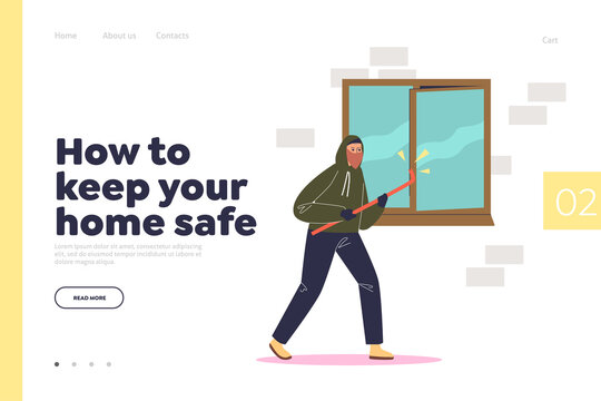 Keep home safe from burglary concept of landing page with burglar breaking in house through window