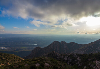 Spectacular scenery with mountains. Santa Maria de Montserrat..View from Montserrat Mountain. Montserrat Monastery, Catalonia, Spain.