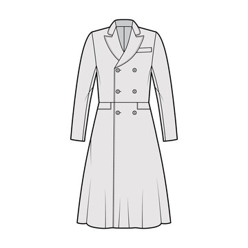 Frock coat technical fashion illustration with double breasted, fitted body, long sleeves, round collar peak, A-line skirt. Flat jacket template front, grey color style. Women, men, unisex CAD mockup
