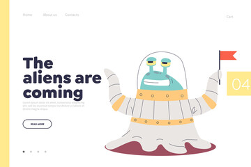 Alien coming concept of landing page with cosmos monster. Friendly alien cartoon from space ship