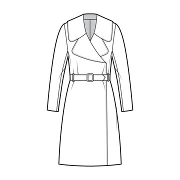 Belted coat technical fashion illustration with long sleeves, huge notched collar, oversized body, knee length. Flat jacket template front, white color style. Women, men, unisex top CAD mockup