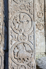 Ancient stone patterns, reliefs on the walls of St. George's Cathedral. Yuryev-Polsky. Vladimir region. Russia