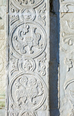 Ancient stone patterns, reliefs on the walls of St. George's Cathedral. Yuryev-Polsky. Vladimir region. Russia