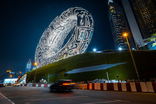 Dubai, United Arab Emirates - March 31, 2021: illuminated The Museum of The Future in Dubai downtown built for EXPO 2020 scheduled to be held in the UAE