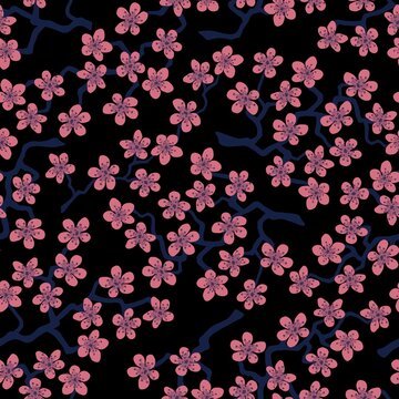 Seamless pattern with blossoming Japanese cherry sakura branches for fabric,packaging,wallpaper,textile decor,design, invitations,cards,print,gift wrap,manufacturing.Pink flowers on black background