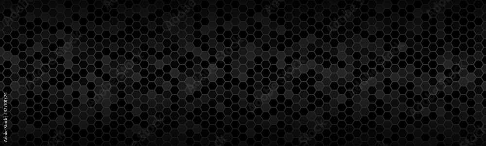 Wall mural dark widescreen header with hexagons with different transparencies. modern black geometric design ba