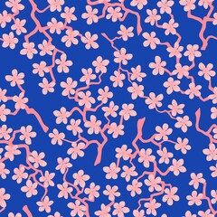 Fototapeta premium Seamless pattern with blossoming Japanese cherry sakura branches for fabric,packaging,wallpaper,textile decor,design, invitations,cards,print,gift wrap,manufacturing.Pink flowers on azure background