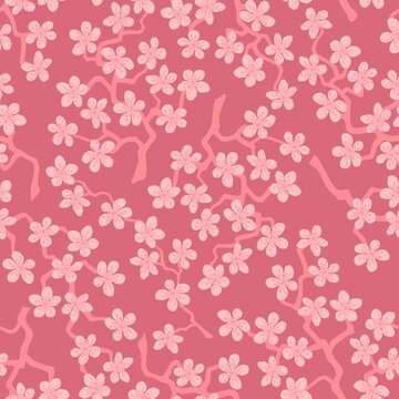 Seamless pattern with blossoming Japanese cherry sakura branches for fabric,packaging,wallpaper,textile decor,design, invitations,cards,print,gift wrap,manufacturing.Pink flowers on mauve background