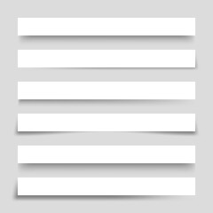 Set of white blank paper scraps with shadows. Page dividers on gray background. Realistic transparent shadow effect. Element for design. Vector illustration.