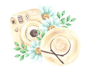 Watercolor illustration "Cozy Summer". Yellow polaroid, straw hat, daisy flowers. On a white background. illustration is isolated. For printing on postcards, notebooks, stationery, textiles, covers.