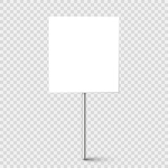 Blank board with place for text, protest sign isolated on transparent background. Realistic demonstration or advertising banner. Strike action cardboard placard mockup. Vector illustration.