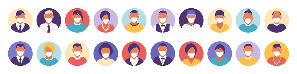 Flat modern minimal avatar icons with medical mask. Business concept, global communication. Web site user profile. Social media, network elements.
