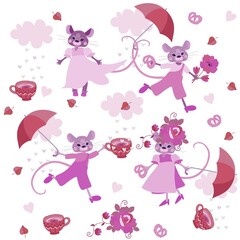 Fototapeta premium Endless pattern with cute cartoon mice, rain of hearts, umbrellas that catch clouds, flowers and cups of aromatic tea.