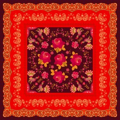 Bright pattern for square carpet, pillowcase or shawl in ethnic style. Floral ornament with red roses, fabulous roosters and decorative border. Lid for gift box, print for fabric.