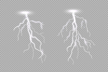 Realistic lighting thunderstorm isolated on light transparent background. Thunderbolt flare effect. Powerful electric lightning strike. Glow light of stormy bolt spark discharge