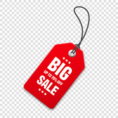 Realistic red price tag. Special offer or shopping discount label. Retail paper sticker. Promotional sale badge with text. Vector illustration.