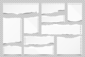 Ripped paper strips isolated on transparent background. Realistic paper scraps with torn edges. Sticky notes, shreds of notebook pages. Vector illustration.