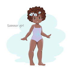 Dark-skinned little girl in a swimsuit. African American girl in a swimsuit. Vector illustration