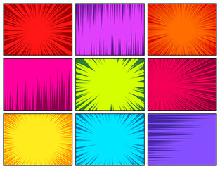 Comic book colorful radial lines collection. Cartoon comics background with motion, speed lines. Retro Pop Art style. Vector illustration.