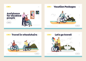 Disabled people travel in wheelchair concept of set of landing pages with handicapped tourists